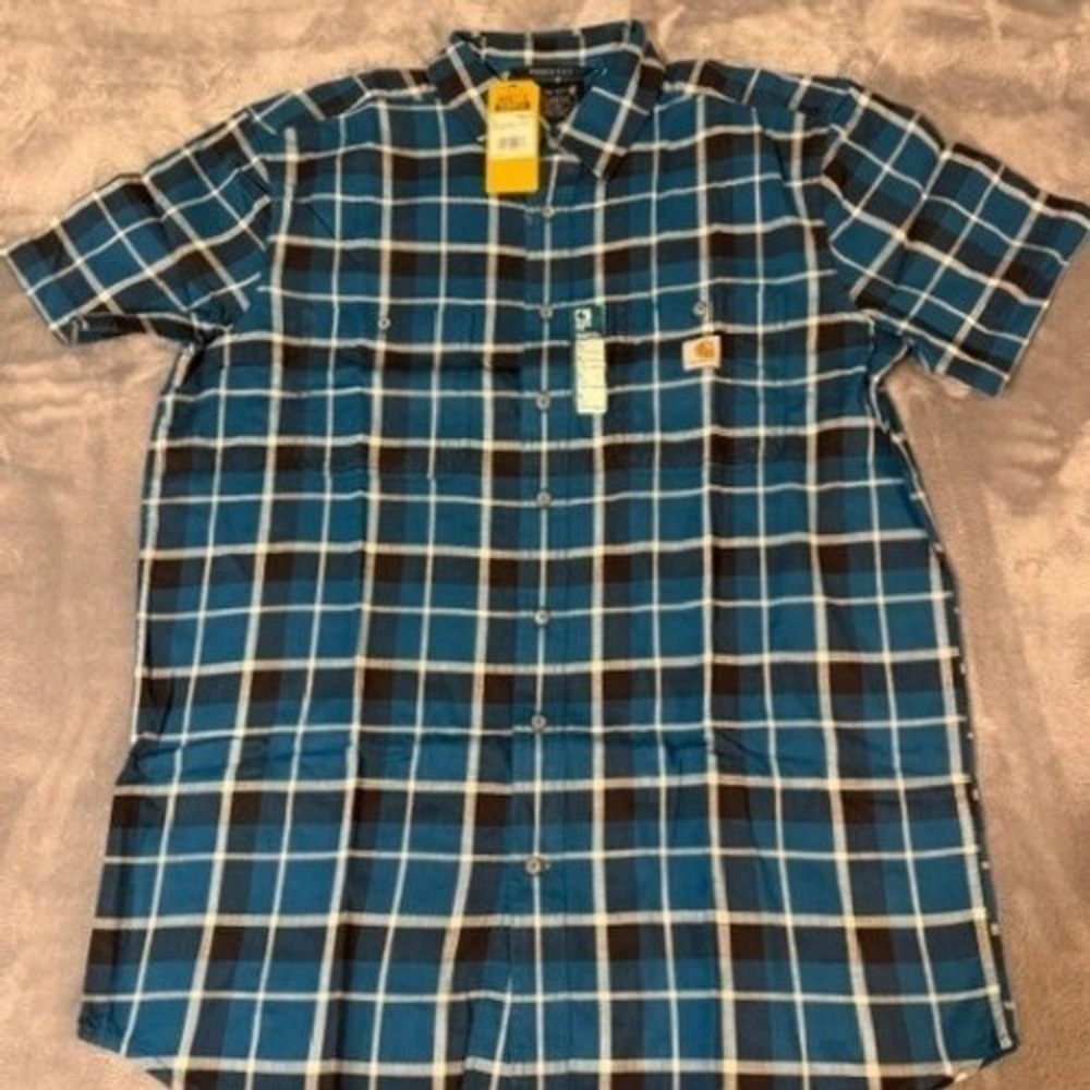 Carhartt Mens Rugged Flex Relaxed Fit Plaid Short Sleeve Shirt Blue L Tall NEW - Picture 1 of 9